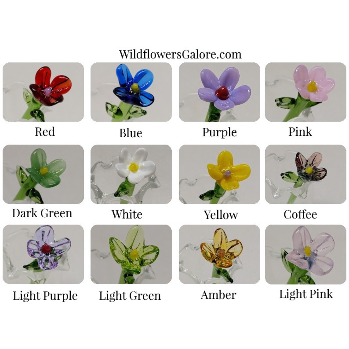 Photo showing twelve handcrafted glass flower options from WildflowersGalore.com in different colors: Red, Blue, Purple, Pink, Dark Green, White, Yellow, Coffee, Light Purple, Light Green, Amber, and Light Pink. 