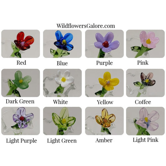 Photo showing twelve handcrafted glass flower options from WildflowersGalore.com in different colors: Red, Blue, Purple, Pink, Dark Green, White, Yellow, Coffee, Light Purple, Light Green, Amber, and Light Pink. 