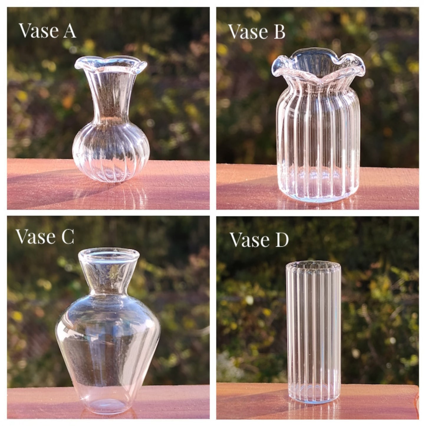 Four different clear glass vases labeled A, B, C, and D on a wooden surface with a blurred green background.