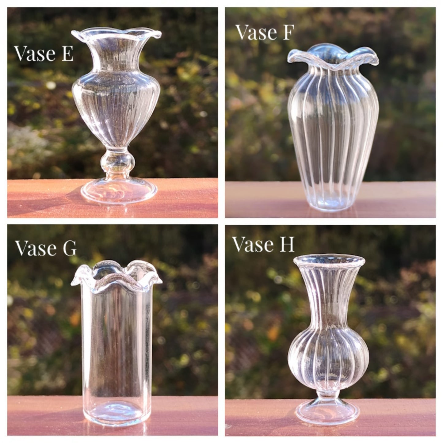 Four different clear glass vases labeled E, F, G, and H on a wooden surface with a blurred natural background.